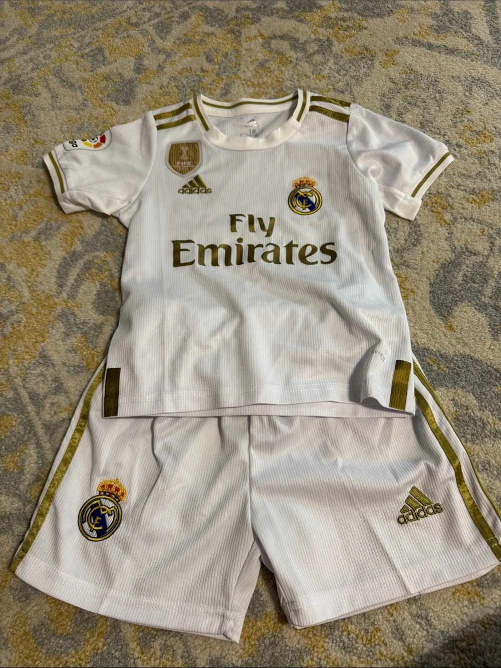 adidas Real Madrid Kids White and Gold Soccer Jersey & Shorts Set (Hazard)